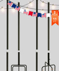 Two Pack 11 Foot Rust Proof Steel String Light Poles With Heavy Duty Stands And Five Prong Stabilizers in use outdoors.