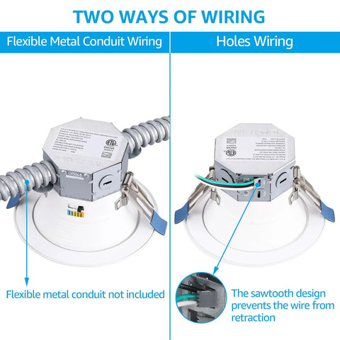 Two wiring methods for All In One 8 Pack 5CCT 4 Inch LED Recessed Canless Ceiling Downlights with J Box, showing flexible metal conduit and holes.