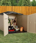 Slide-Lid Resin Outdoor Storage Shed For Backyard Gear And Tools, Weather Resistant Beige Brown, 5 By 6.5 Ft, Easy Access Lid open