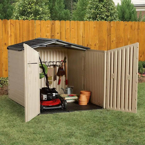Slide-Lid Resin Outdoor Storage Shed For Backyard Gear And Tools, Weather Resistant Beige Brown, 5 By 6.5 Ft, Easy Access Lid open