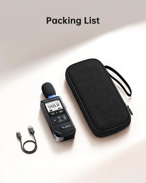 Packing list for Real Time Decibel Meter With 2 Inch IPS Screen For Home And Office A Weighted Sound Level Meter Measuring 30 To 130 dB For TVs, Speakers, Appliances, Toys, Pool Pumps With Light And Dark Theme, carrying case and USB cable