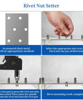 All In One Nutsert Rivet Nut Tool Kit usage steps for installing metric nuts on sheet metal surfaces.