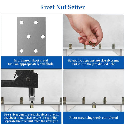 All In One Nutsert Rivet Nut Tool Kit usage steps for installing metric nuts on sheet metal surfaces.