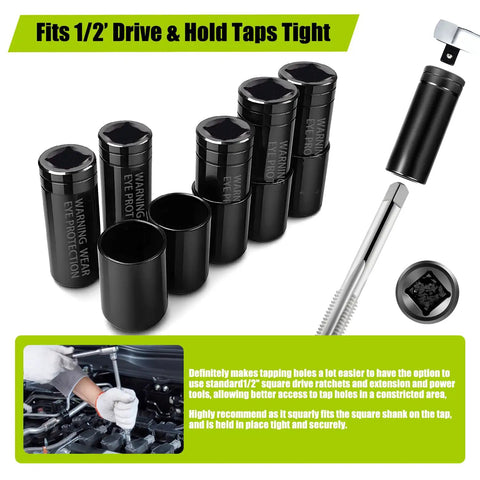 Heavy Duty Large Tap Socket Set 5 Piece Adapter Kit Fits 5/8, 11/16, 3/4, 7/8, and 1 Inch Taps, 1/2 Inch Drive, tools shown in use