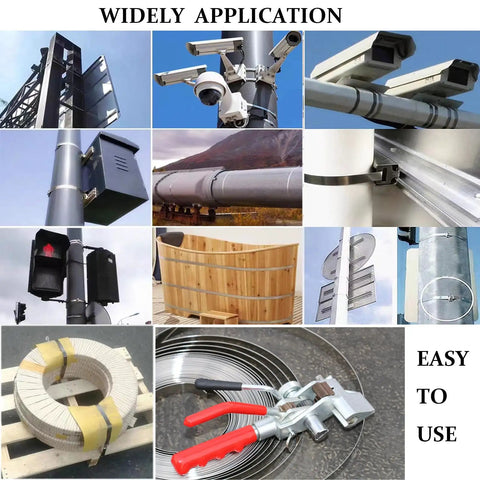 Heavy Duty Steel Banding Strapping Kit With Integrated Ratcheting Tensioner Cutter For Pallet Packing Includes One Hundred Pieces High Strength Buckles And Three Quarter Inch By One Hundred Foot Coil built for various applications.