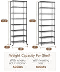 8 Tier Adjustable Metal Wire Storage Shelf Unit For Kitchen Garage And Laundry Beefy Build Sturdy Standing Rack With Rust Resistant Coating And 800lbs Total Capacity Easy Assembly Space Saving Organizer. black 8-tier metal wire shelf, 74.2 in and 72 in tall, 22 in wide, with wheels and leveling feet