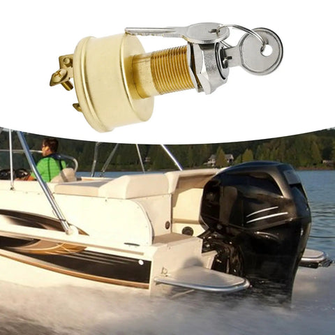 Heavy Duty Marine Ignition Switch 3 Position Off On Start For Boats MP39060-1 Brass Construction with keys and boat scene