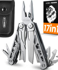 17 In 1 Stainless Steel Multitool With Self Locking Pliers And Pocket Knife Nylon Sheath EDC Survival Tool For Camping Hiking Hunting And Everyday Carry Gifts For Men displayed with packaging and sheath