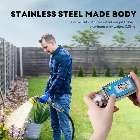 Man using 1 Inch and Three Quarter Inch Turbine Flow Meter Stainless Steel Digital Liquid Flowmeter with NPT Adapters for gardening.