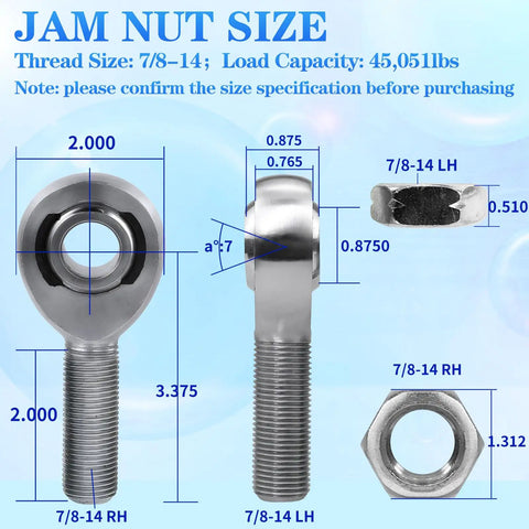 Beefy 7/8-14 Heim Joint Rod End Kit With 7/8-1/2 HMS Spacers And.120 Wall Bung Chromoly Panhard Bar For Steering And Suspension Traction Bars And Steering Linkage Two Sets With Right And Left Hand Threads, 7/8-14 RH/LH joints