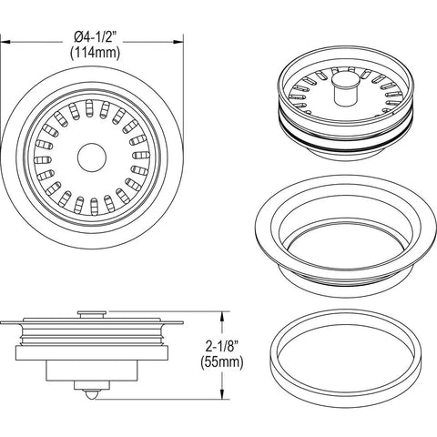 Color Matched Polymer Disposer Flange Kit With Removable Basket Strainer And Rubber Stopper White Durable Sink Accessory For Garbage Disposals No Fuss Easy Install Scratch Resistant, technical diagram