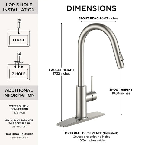 Brushed Nickel Kitchen Faucet With Pull Down Sprayer High Arc Gooseneck Spout Modern Sink Faucet dimensions and features.