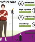 Diagram showing Outdoor Metal Torch Set Of Six, 16 Oz Citronella Torches With 59 Inch Adjustable Height, Grounded 3 Prong Stakes