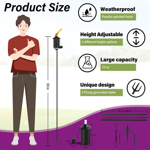 Diagram showing Outdoor Metal Torch Set Of Six, 16 Oz Citronella Torches With 59 Inch Adjustable Height, Grounded 3 Prong Stakes