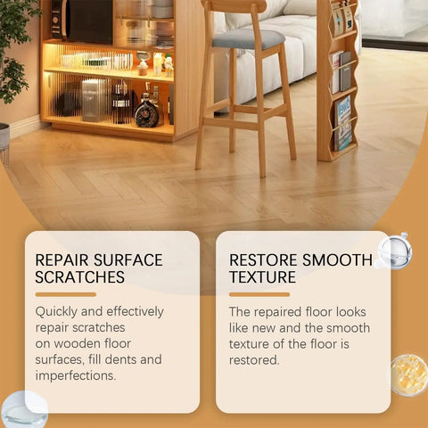 Wood Scratch Repair Spray For Furniture And Floors, quick fix for restoring finish and texture on wooden floors in a living room.
