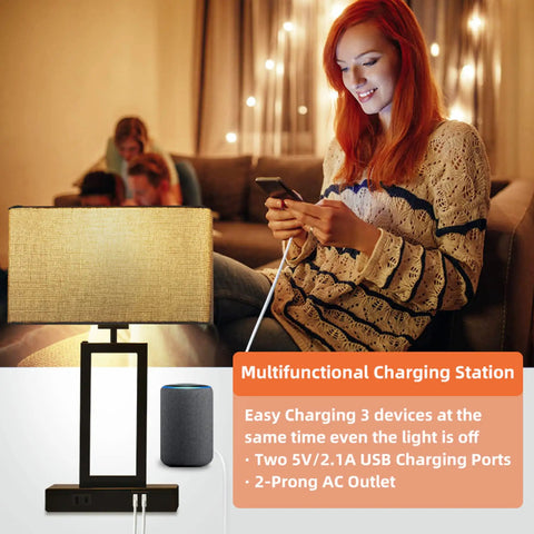 Dope 2 Pack Industrial Style Touch Table Lamps With 3 Way Dimming, USB Ports And AC Outlet, Modern Nightstand Lamps With Fabric Shades For Bedroom Or Living Room, Easy Tap Control For Reading And Relaxing