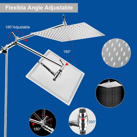 Massive 12 Inch Square Rain Shower Head With Handheld Combo High Pressure Rainfall Six Setting with angle details