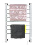 Eight Bar Towel Warmer With Timer For Bathroom And Laundry, Portable Free Standing Heated Rack With Auto Cutoff, Wall Mount Ready, 21.7 in W, two towels hanging.