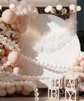 100 Piece Pearl Ball Garland Kit 2.2 Inch Pearlescent White Quick Link Bead Chains For Wall Arches Party Decor Birthday Wedding Anniversary Graduation Easy DIY Friendly Setup With Elastic Thread And Needle, shown on balloon arch