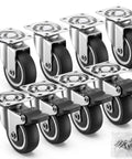 Set Of Eight 1 Inch Low Profile Swivel Caster Wheels With Brakes For Heavy Duty Furniture And Storage Cart Replacement Smooth As Butter Super Fast Setup, showing four locking and four standard wheels with brass screws.