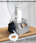 Straight Up Heavy Duty Liquid Filling Machine Automatic Digital Scale Bottle Filler With Peristaltic Pump For Cosmetics Oils And Juices Runs Smooth Handles 10G To 10Kg Precision Weighing Design on a wooden countertop.