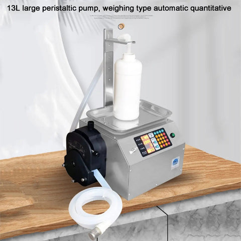 Straight Up Heavy Duty Liquid Filling Machine Automatic Digital Scale Bottle Filler With Peristaltic Pump For Cosmetics Oils And Juices Runs Smooth Handles 10G To 10Kg Precision Weighing Design on a wooden countertop.