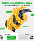 VMIXBLE cold-press juicer, black housing with wide feed chute; orange juice splashes around blades.
