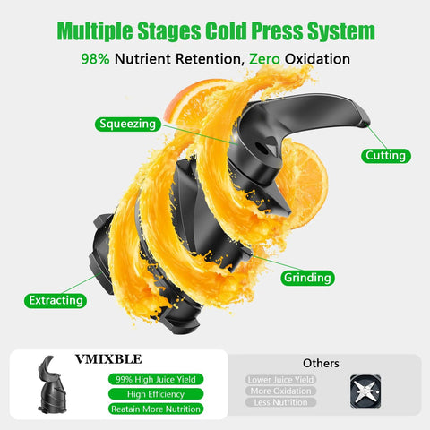 VMIXBLE cold-press juicer, black housing with wide feed chute; orange juice splashes around blades.