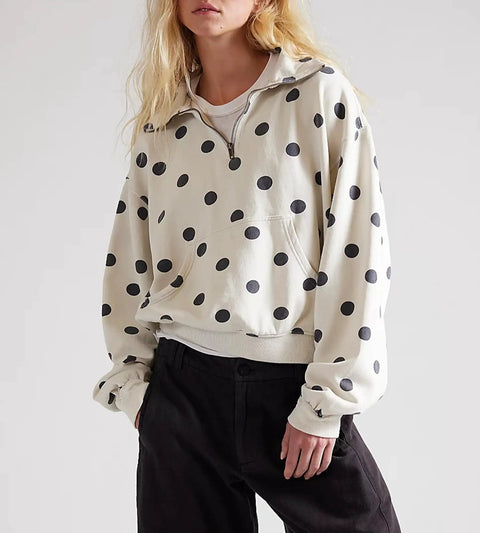 Polka Dot Half Zip Sweatshirt For Women, Oversized Fleece Pullover With Pockets, Long Sleeve Quarter Zip Casual Hoodie