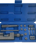 Open blue case showing Motorcycle Chain Breaker Set 16 Piece Chain Removal Tool Kit With Chain Cutter And Riveter for chains 25 to 930 links