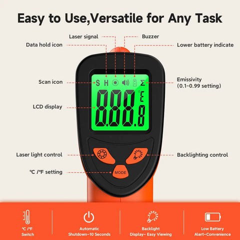 Infrared Thermometer Non Contact Temperature Gun With Laser Must-Have Go-To Tool Quick 0.5 Second Readings From -58F To 1022F -50C To 550C For Cooking Grilling BBQ Ovens Pizza Reptiles And DIY Projects, LCD display and controls shown
