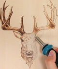 Person using 14 In 1 Wood Burning Kit With Adjustable Temperature Pen Heat Deflector Rubber Grip 10 Tips Two Wood Pieces Flip Up Stand Pro Grade For Woodworking And DIY Pyrography Projects on deer design on wood piece.