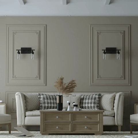 Room with two 2 Light Black Industrial Bathroom Vanity Lights Over Mirror Wall Sconces With Clear Glass Shades
