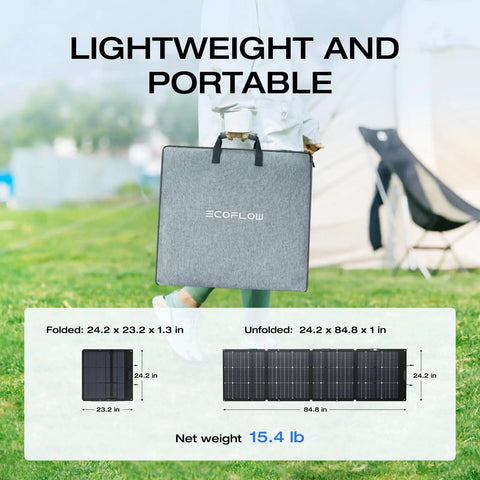 Person carrying 220W Portable Solar Panel With Bifacial Design, foldable, showing folded and unfolded sizes.