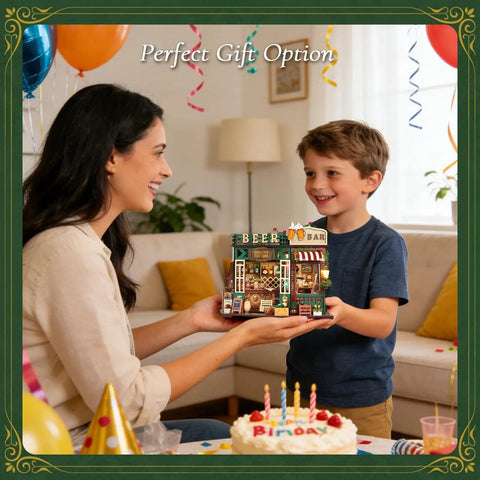 Mother and son holding DIY Mini Beer Shop House Kit For Adults 3D Wooden Puzzle Tiny Home With Furnished Interior