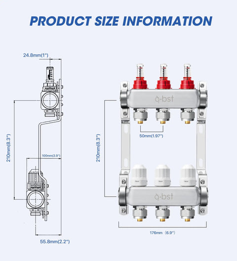 3 Loop Stainless Steel Floor Radiant Heat Manifold Kit With Half Inch Adapters Included For Hydronic Radiant Floor Heating High Flow Meter Up To 1.4 GPM Durable 304 Stainless Construction showing dimensional diagram with measurements
