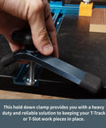 Heavy Duty T Track Hold Down Clamps Set Four Pack For Woodworking Pro Grade Quality attached to T-slot with hand adjustment