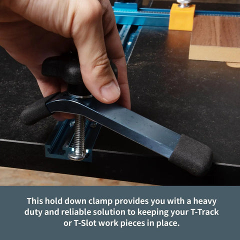 Heavy Duty T Track Hold Down Clamps Set Four Pack For Woodworking Pro Grade Quality attached to T-slot with hand adjustment