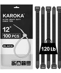 Heavy Duty 12 Inch Zip Ties With 120 Pound Tensile Strength Black Cable Ties 100 Pack in retail packaging and loose ties