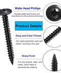 140 Piece Black Wafer Head Wood Screws And Deck Screw Assortment Kit showing detailed threading and sharp point for easy penetration.