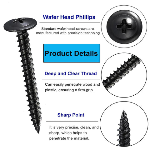 140 Piece Black Wafer Head Wood Screws And Deck Screw Assortment Kit showing detailed threading and sharp point for easy penetration.