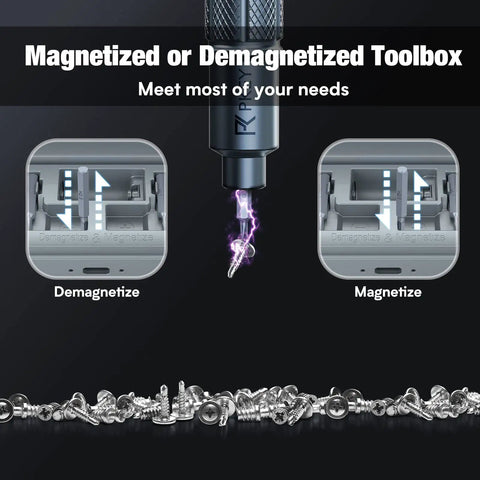 Cordless Mini Electric Screwdriver Set With 28 Magnetic Bits, 3 Gear Torque, dual magnetize and demagnetize feature shown