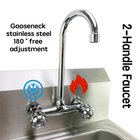 Stainless Steel Hand Sink Basin 17 X 15 Inches Wall Mount For Public Places Restaurants Schools Kitchens And Homes 304 Grade Anti Rust Also Orion Resistant 180 Degree Gooseneck Faucet Easy Install Kit Workhorse close-up view