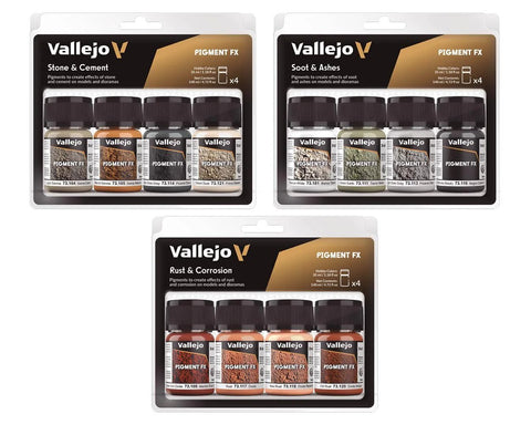 Three Vallejo Pigment FX sets (Stone & Cement, Soot & Ashes, Rust & Corrosion) with 4 x 35 ml bottles each