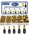 Pro Grade Rivet Nut Tool Set For DIY Metalwork, Manual Rivet Gun Head Kit With Interchangeable Mandrels 5 6 7 And Nuts 50 60 70, Metric Range M3 To M12, Heavy Duty, Easy To Use, Beef Up Your Sheet Metal Fabrication. M4-M10 mandrel kit with 55 brass rivet nuts