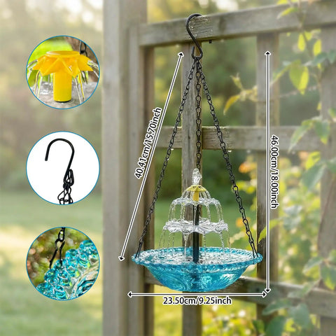 Powered Cascade Bird Bath Fountain Hanging Water Feature For Outdoors Garden Patio Backyard Blue Eco Friendly Decor No Batteries Needed Easy Setup Outdoor showing size and hanging style