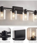 4 Light Modern Vanity Light With Industrial Matte Black Finish And Clear Glass Shades, bathroom fixture with rust-resistant metal