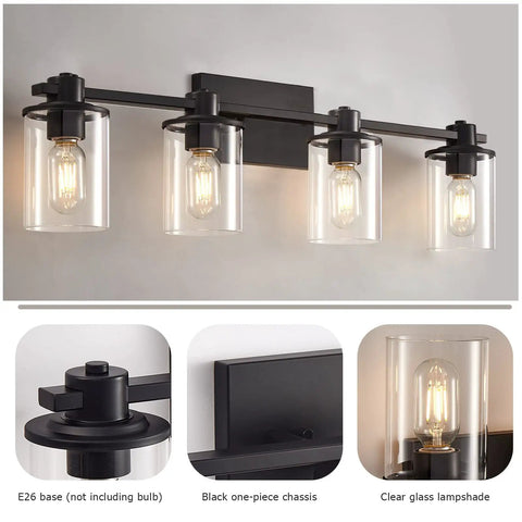 4 Light Modern Vanity Light With Industrial Matte Black Finish And Clear Glass Shades, bathroom fixture with rust-resistant metal
