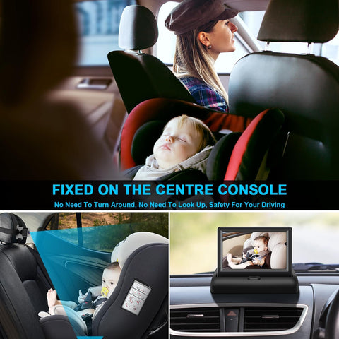 Crystal Clear Baby Car Mirror With 4.3 Inch HD Night Vision Display showing baby view from center console camera