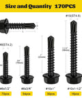Black Self Tapping Screws Kit For Metal 170 Piece Assortment With Sizes Eight By Half Inch Eight By Three Quarter Inch Ten By One Inch Ten By One And Half Inch Hex Washer Head Self Drilling Screws 410 Stainless Steel Ideal For Light Metal Repairs And DIY displayed with size and quantity details